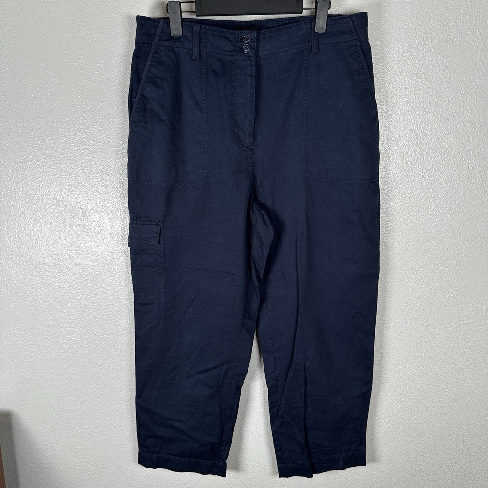 Talbots Supersoft Cargo Pants‎ Womens 12 Navy Blue Cotton Linen Straight Pocket